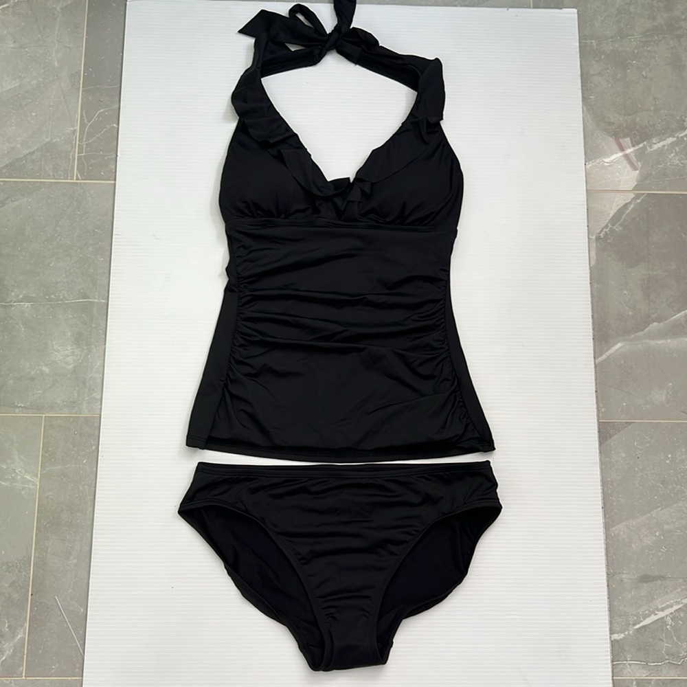 NWT Lauren Ralph Lauren Beach Club Solid Ruffle Tankini Top & Bottom Set Black